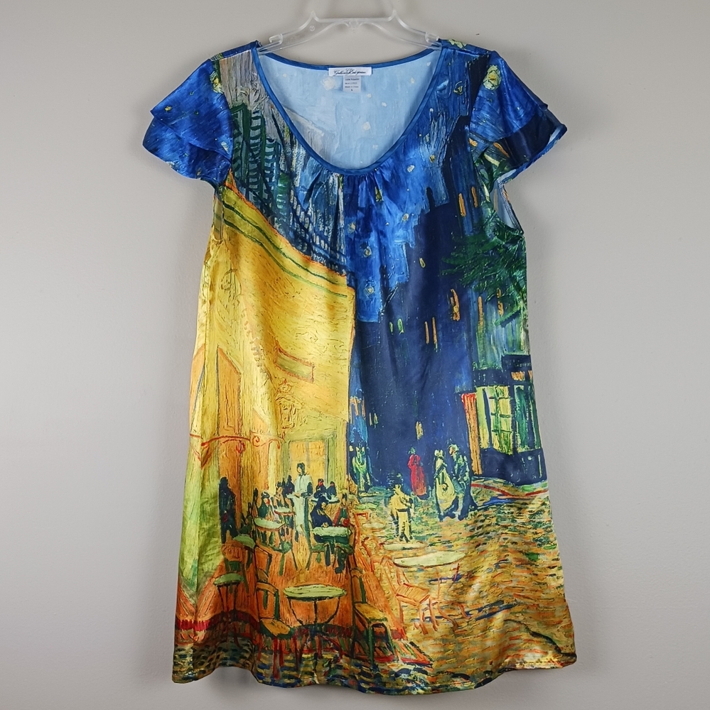 GALLERIA ENTERPRISE| Artsy City Cafe Print Slip Dress Lightweight Size Large